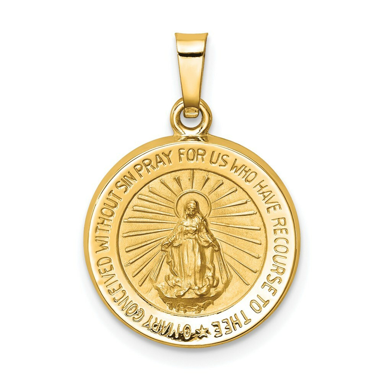 14K Yellow Gold Polished & Satin Finish Miraculous Medal Pendant 15mm width - (A99-988)