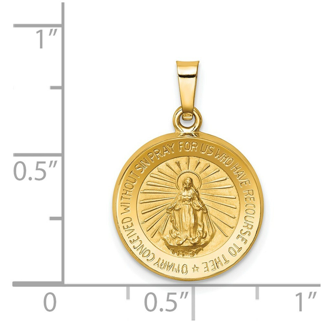14K Yellow Gold Polished & Satin Finish Miraculous Medal Pendant 15mm width - (A99-988)