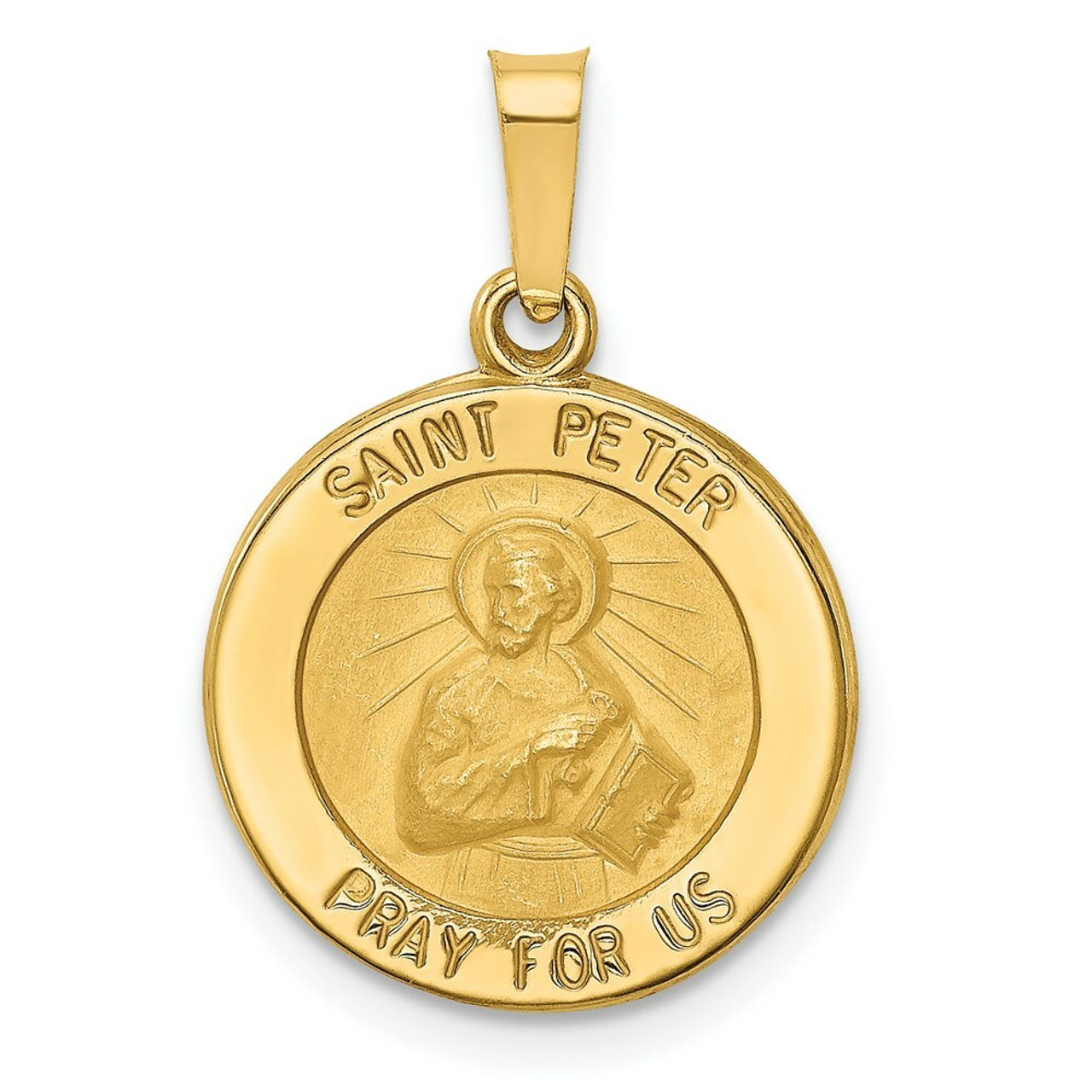 14K Yellow Gold Polished & Satin Finish St. Peter Medal Pendant 16mm width - (B11-213)