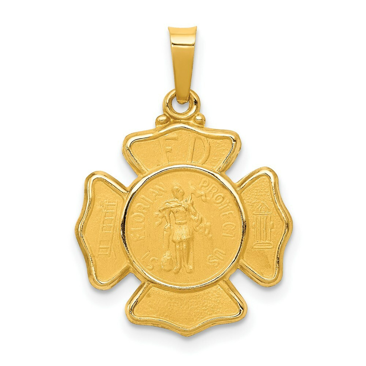 14K Yellow Gold Polished & Satin Finish St. Florian Badge Medal Pendant 17mm width - (B11-482)