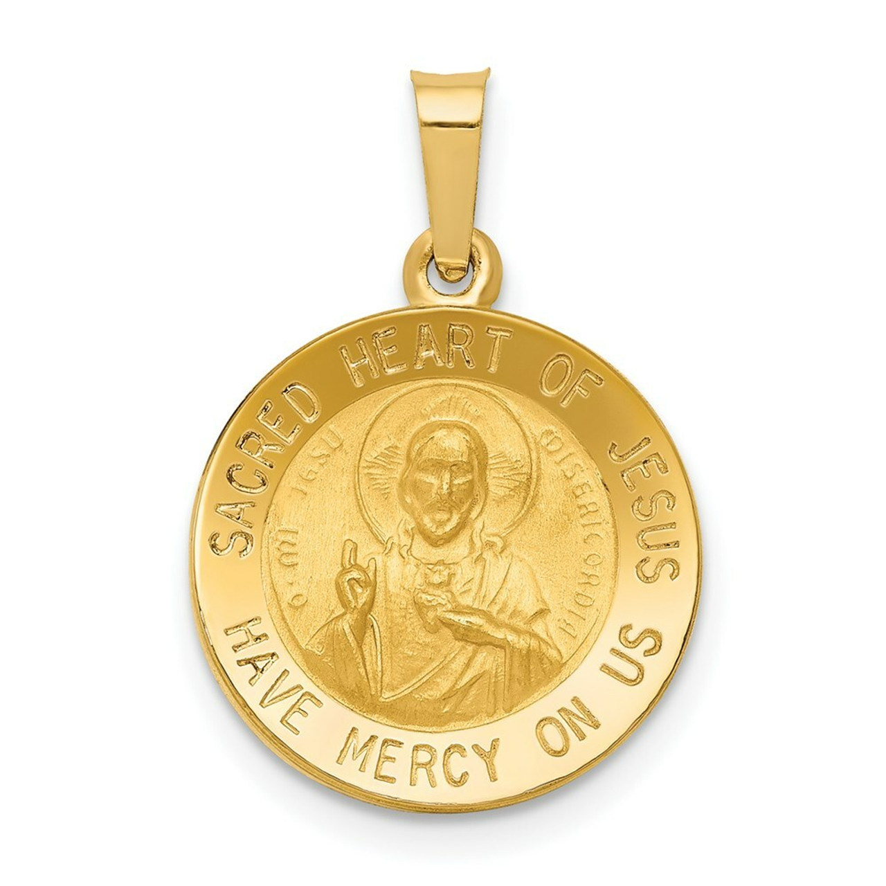14K Yellow Gold Polished & Satin Finish Sacred Heart of Jesus Medal Pendant 15mm width - (B11-504)