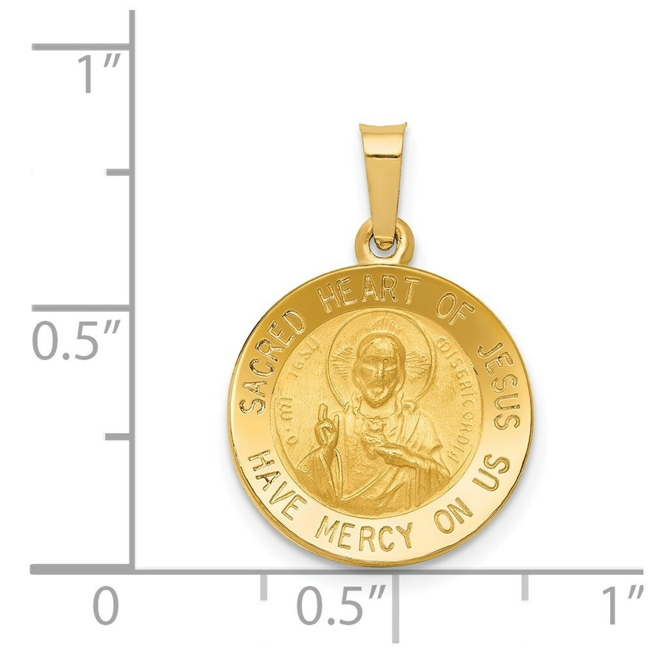 14K Yellow Gold Polished & Satin Finish Sacred Heart of Jesus Medal Pendant 15mm width - (B11-504)
