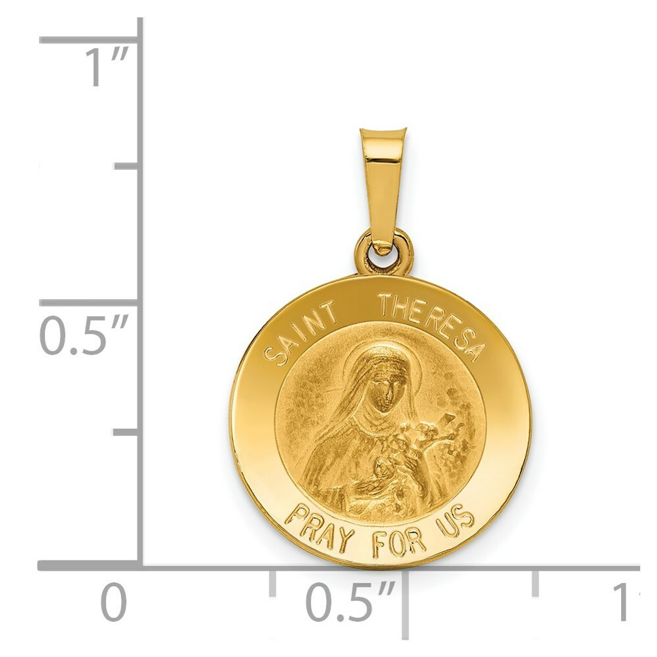 14K Yellow Gold Polished & Satin Finish St. Theresa Medal Pendant 15mm width - (B11-644)
