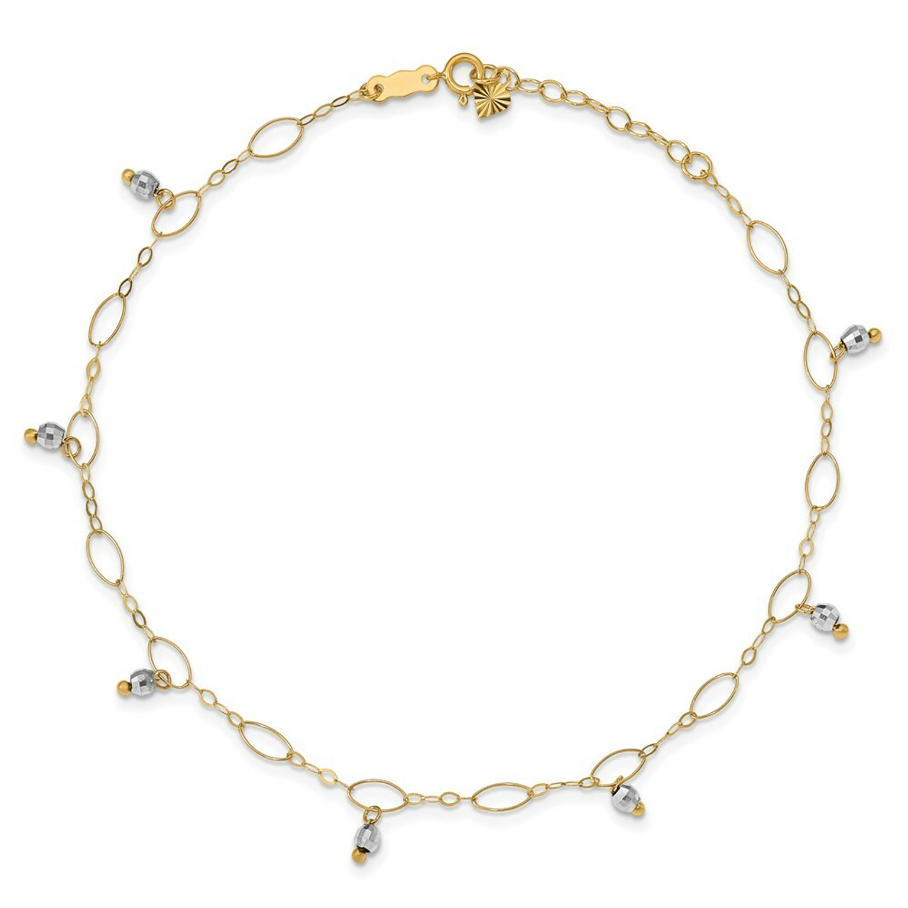 14K Two-tone Gold Mirror Beaded Anklet - Length 9'' inches - (C64-116)