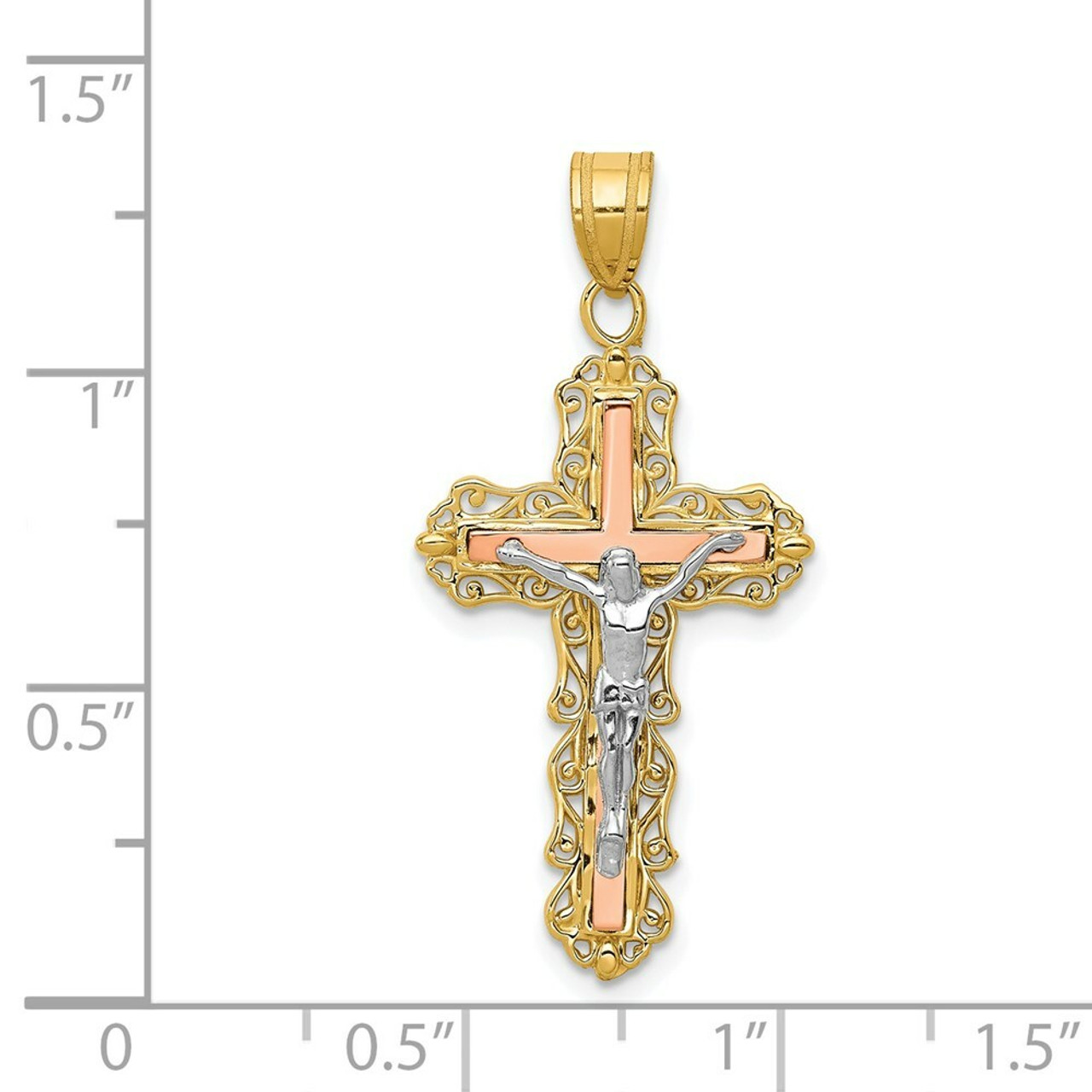 14K Tri-Color Gold Diamond-cut Crucifix Pendant - (A84-548)