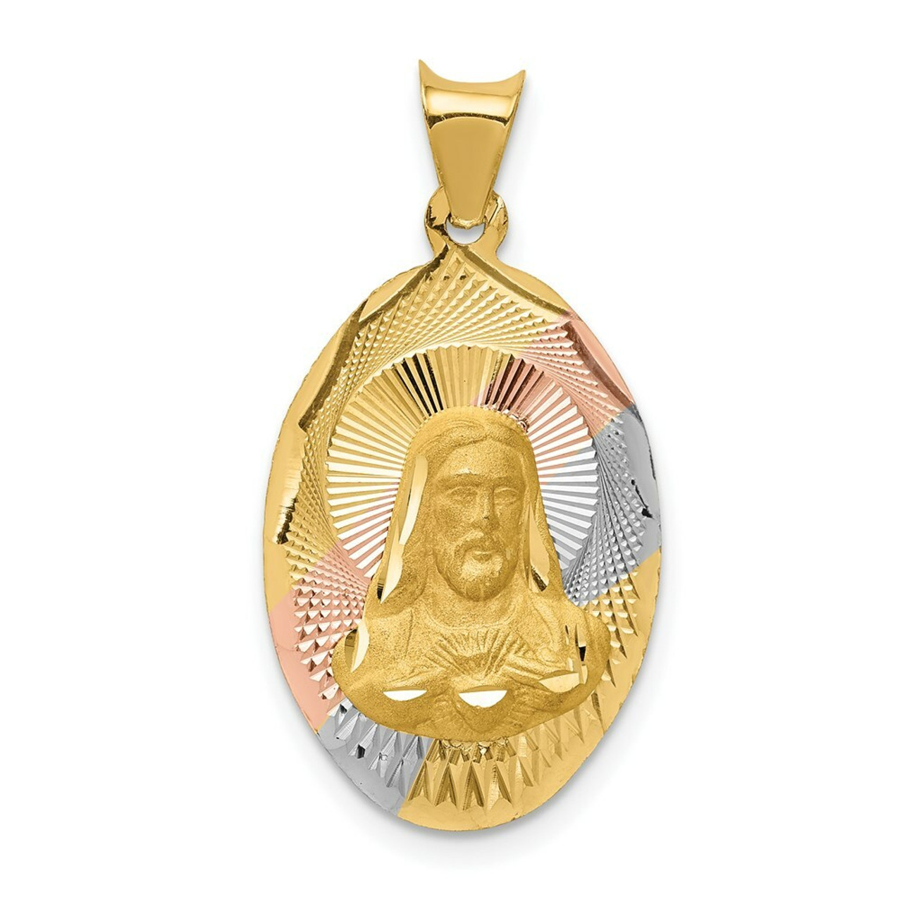 14K Yellow Gold Two-tone & Diamond-cut Sagrado Corazon Oval Pendant - (A85-754)