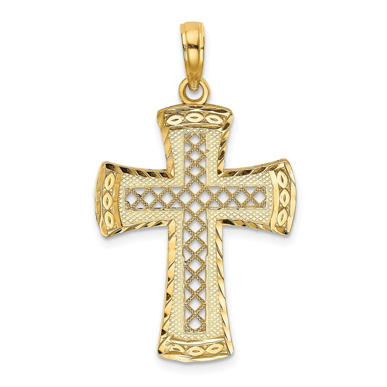 14K Yellow Gold Diamond-cut With Satin Edge Latice Cross Charm