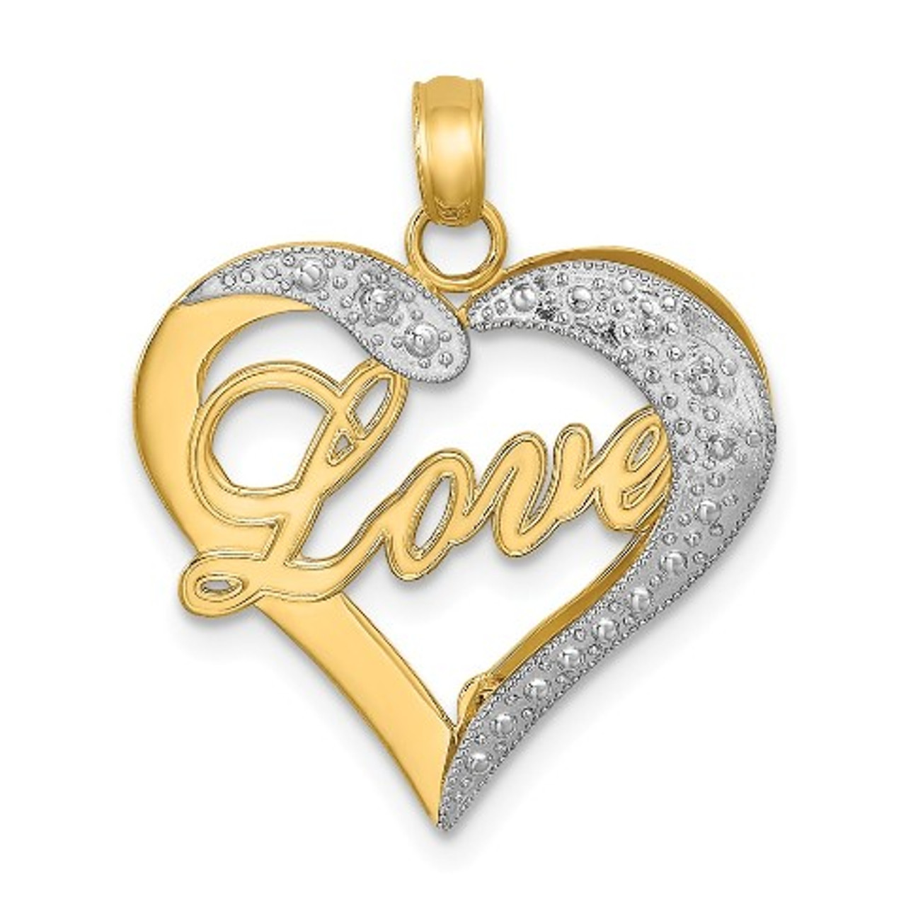 14K Yellow Gold and White Rhodium with Diamond-cut Heart With Love Inside  Charm Pendant - (A93-888)