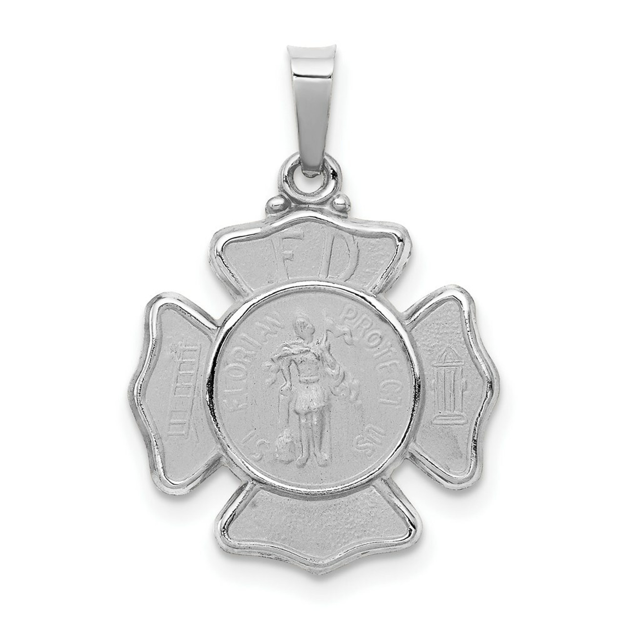 14K White Gold Polished and Satin St. Florian Badge Pendant 16mm width - (B11-290)