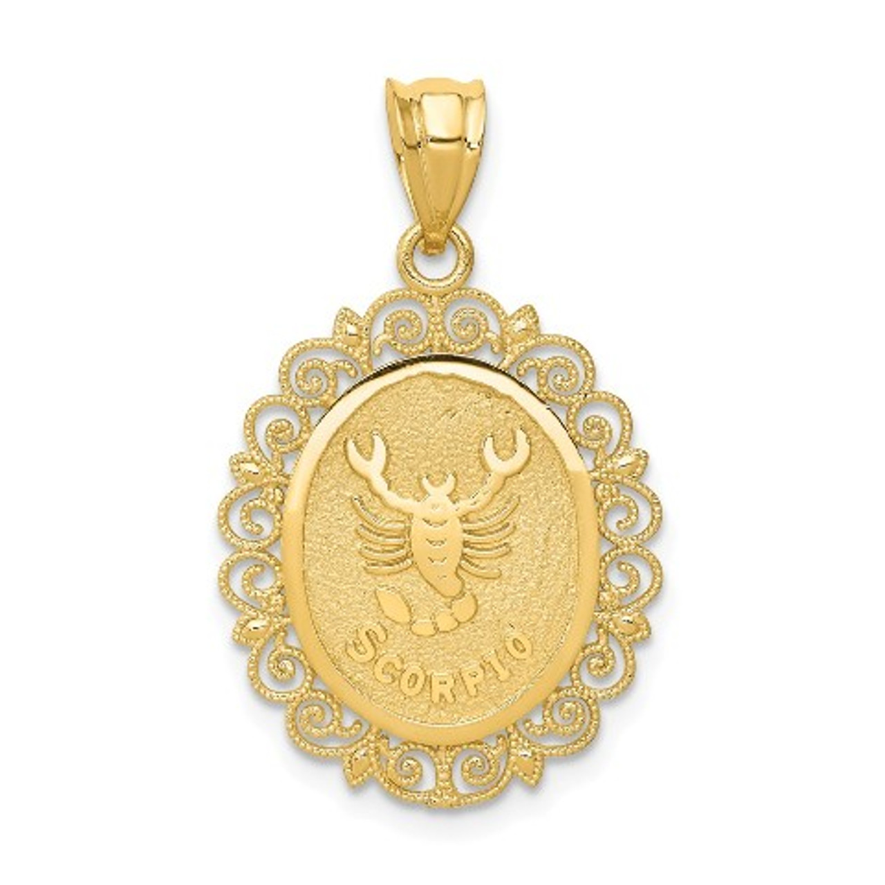 14K Yellow Gold Solid Satin Polished Scorpio Zodiac Oval Pendant - (A83-372)