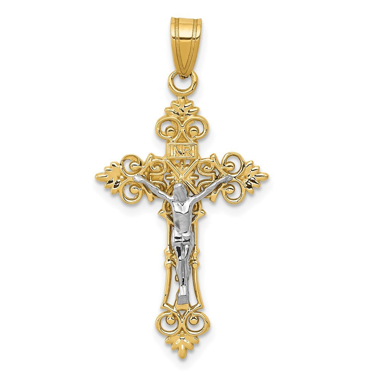 14K Two-tone Gold Medium Lacey-edged INRI Crucifix Pendant - (A83-524)
