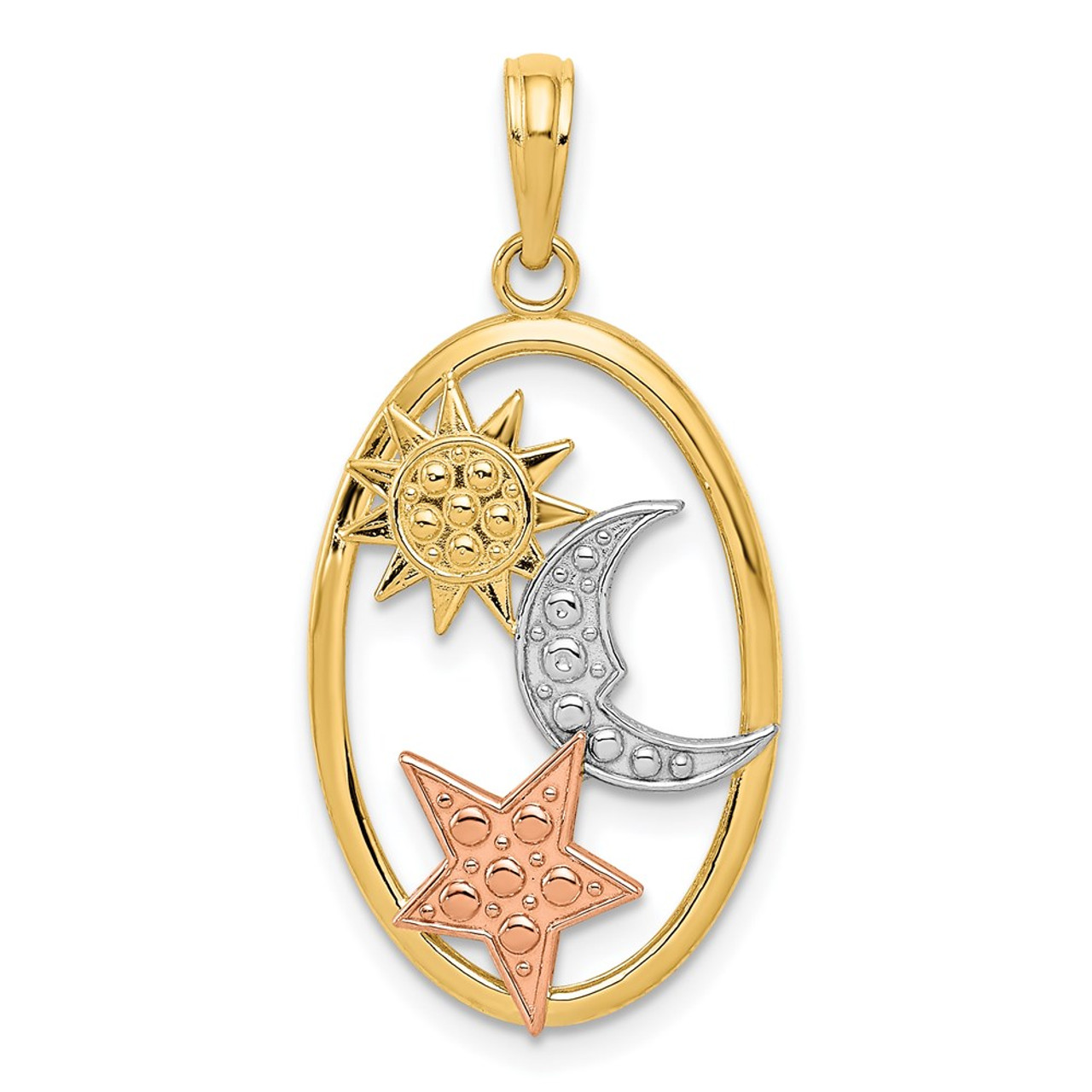 14K Yellow Gold Yellow & Rose Gold Two-tone Sun, Moon & Star Oval Pendant - (A85-318)