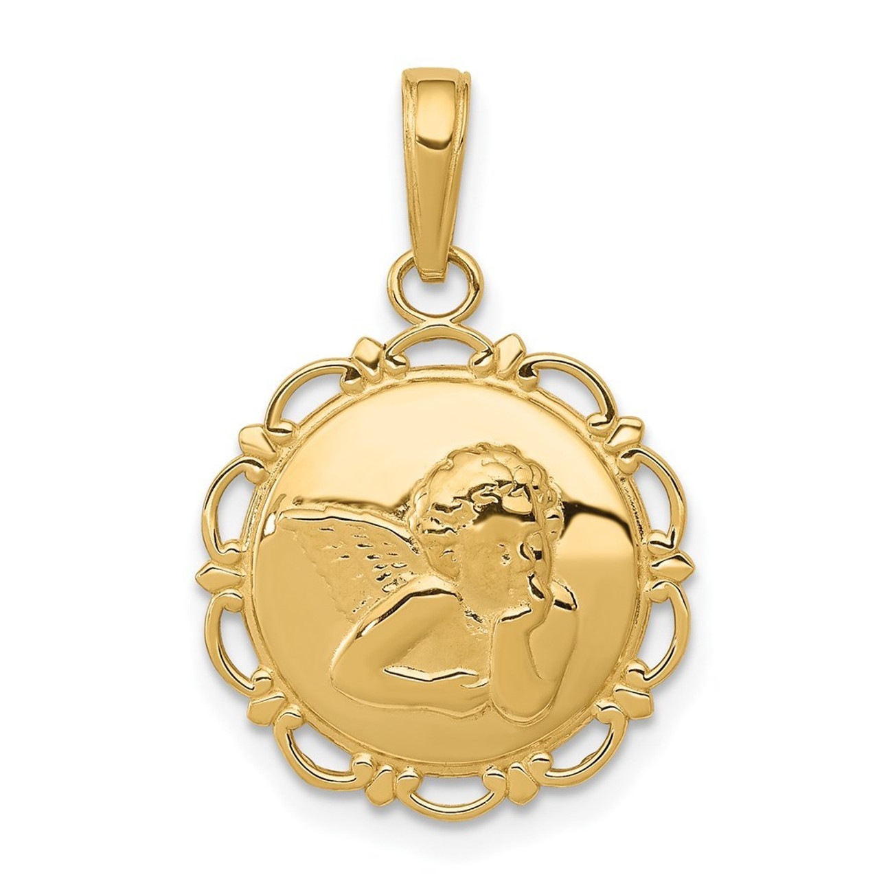 14K Yellow Gold Polished Angel Cherub On Round Scallop Frame Pendant - (A85-950)
