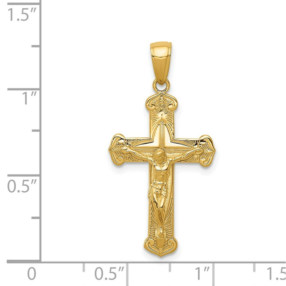 14K Yellow Gold Polished & Textured Crucifix with Jesus On