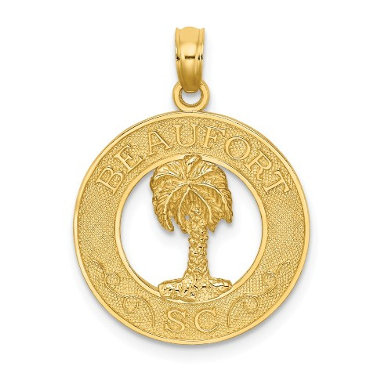 14K Yellow Gold Beaufort, SC On Round Frame With Palm Tree Charm Pendant - (A92-708)
