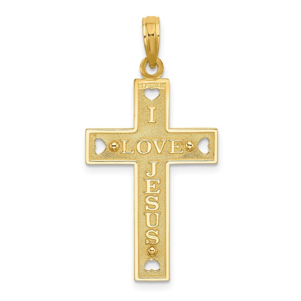 14K Yellow Gold Cut-Out Heart I Love JESUS Crucifix Charm Pendant - (A92-844)