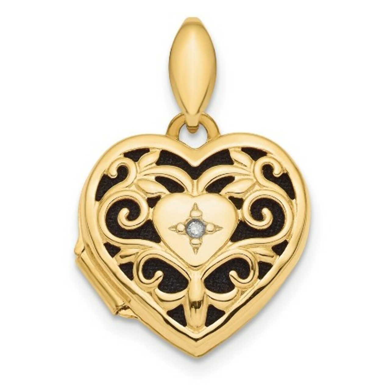 14k Yellow Gold Polished Filigree Diamond Heart Locket - (A99-271)