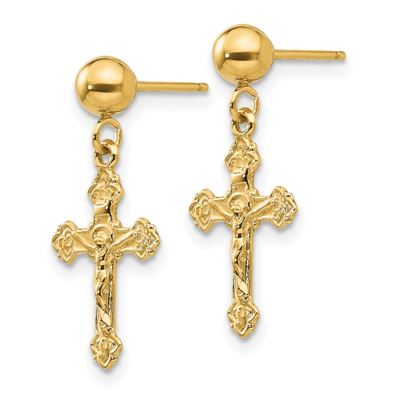14K Yellow Gold Polished Crucifix Post Earrings - (B44-333)