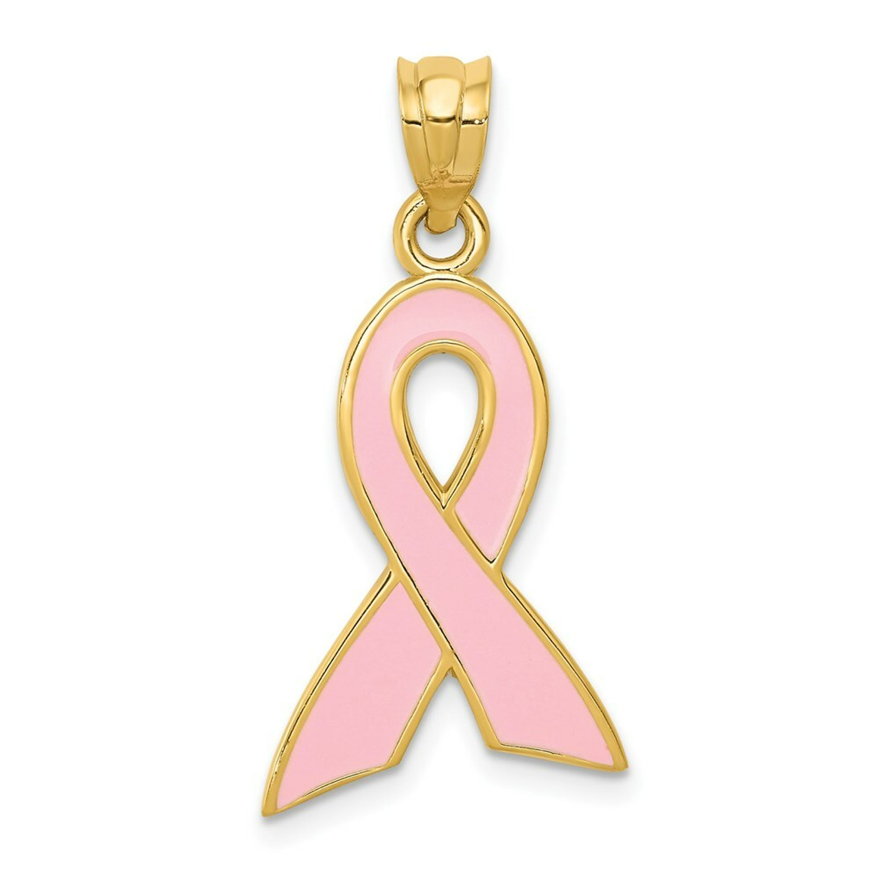 14K Yellow Gold Large Enameled Pink Awareness Ribbon Pendant - (A84-907)