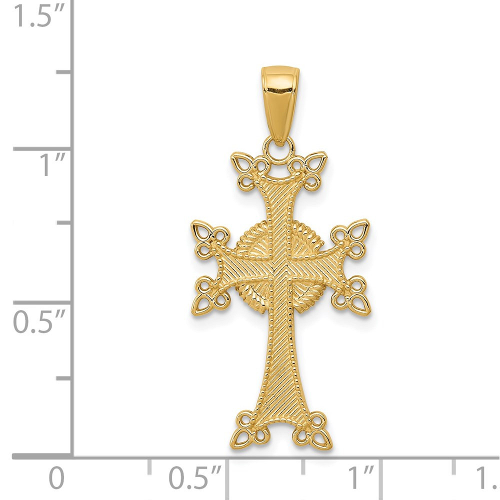 14K Yellow Gold Polished & Textured Armenian Cross Pendant - (A85