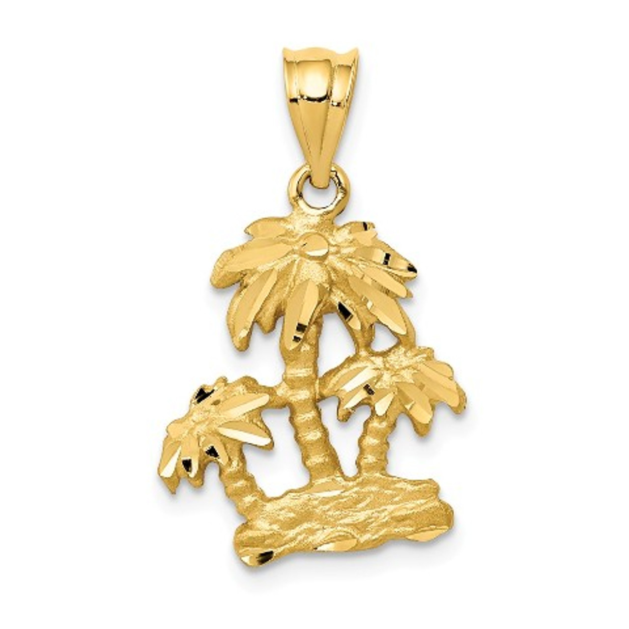 14K Yellow Gold Satin Diamond-cut Open-Backed Palm Trees Pendant - (A86-793)