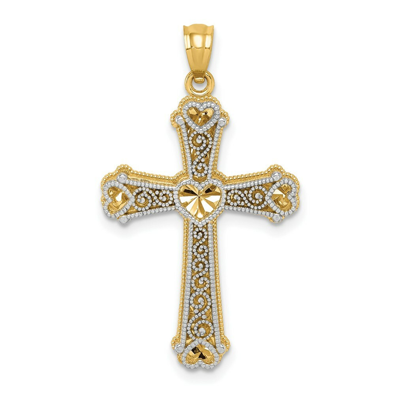 14K Two-tone Gold Hearts Cross Pendant - (A86-826)