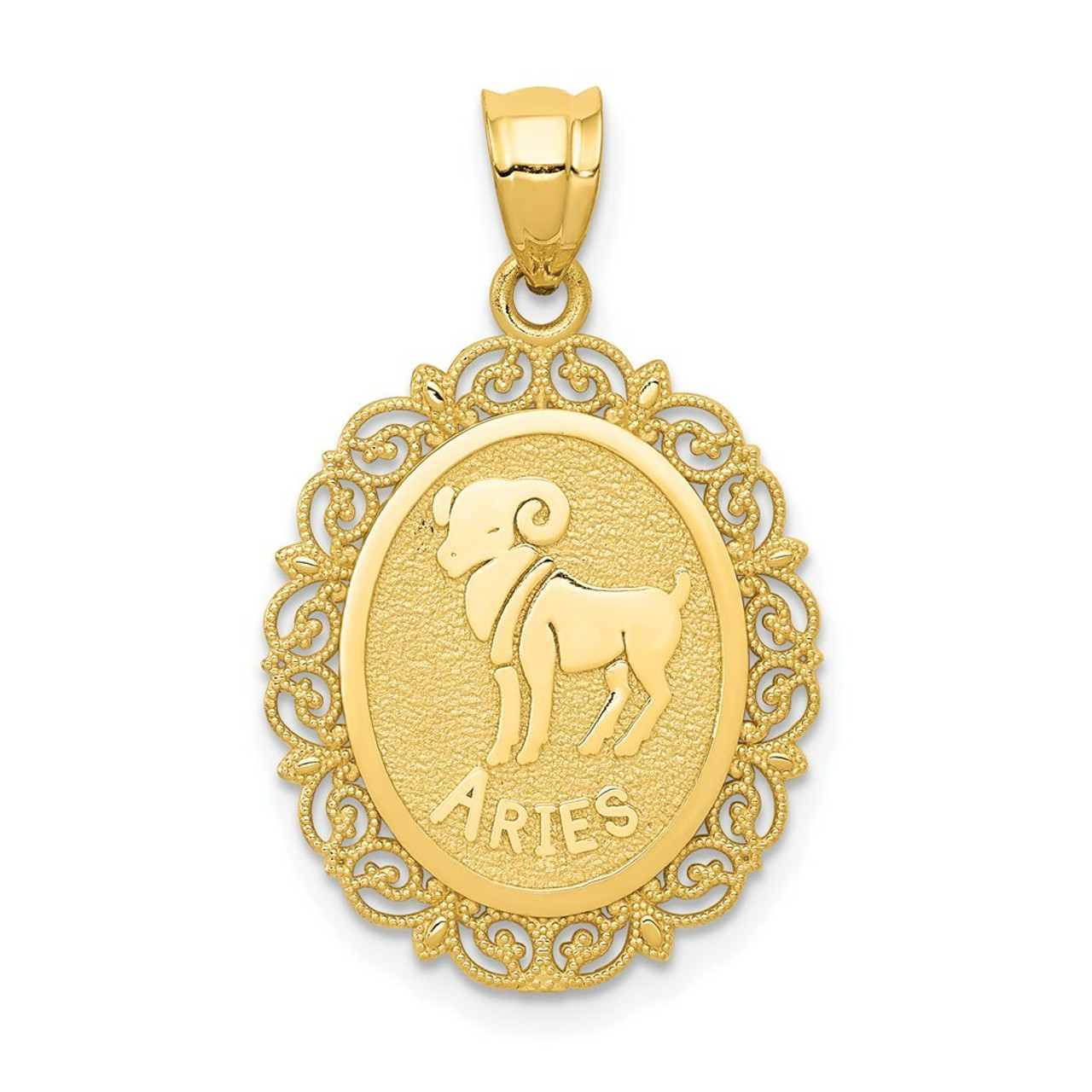 14K Yellow Gold Solid Satin Polished Aries Zodiac Oval Pendant - (A86-920)