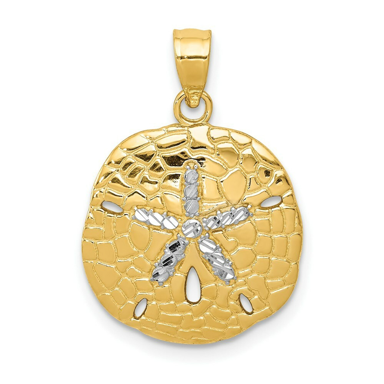 14K Yellow Gold & White Rhodium Diamond-cut Sand Dollar Pendant - (A86-988)