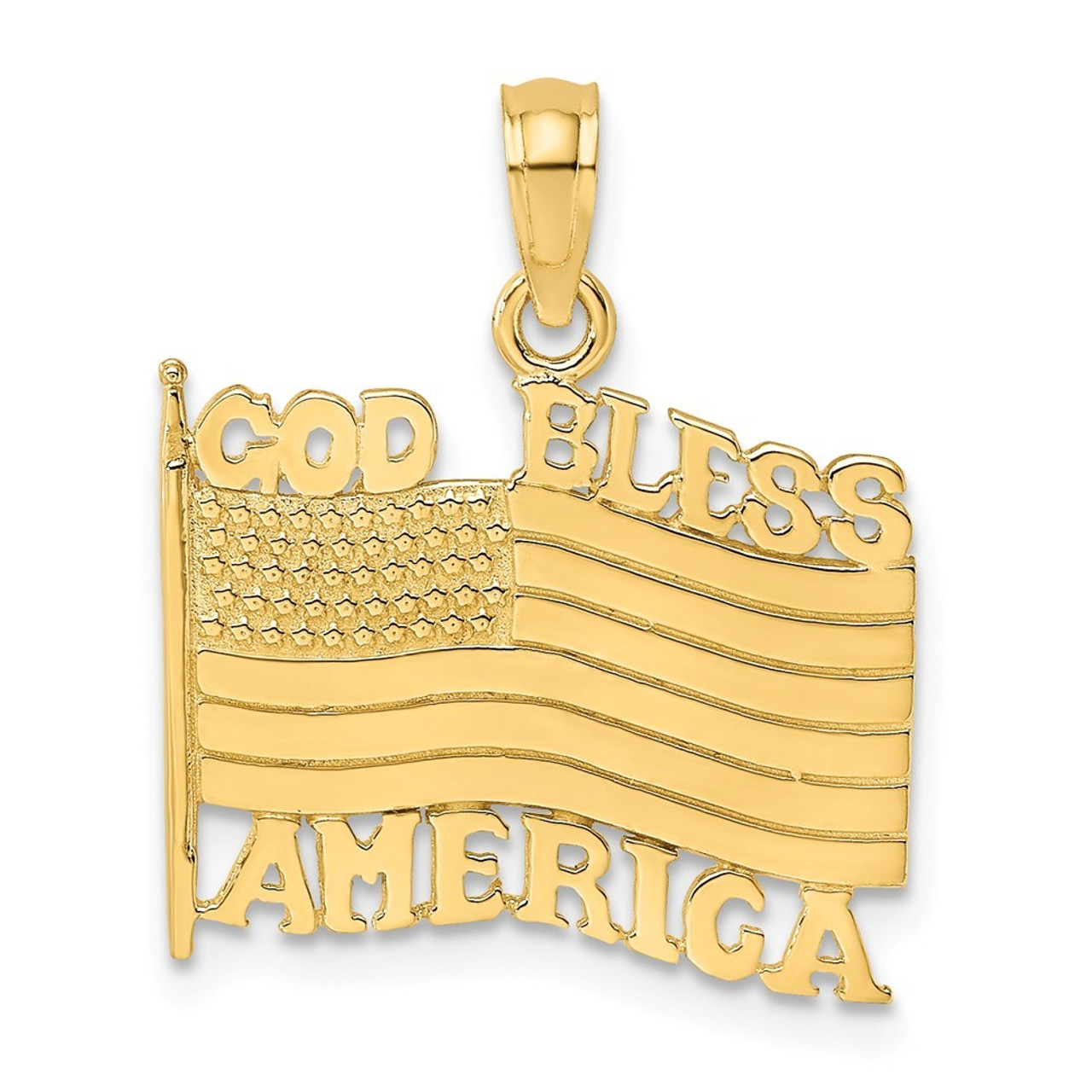 14K Yellow Gold Polished and Textured God Bless America With Flag Charm Pendant - (A92-417)