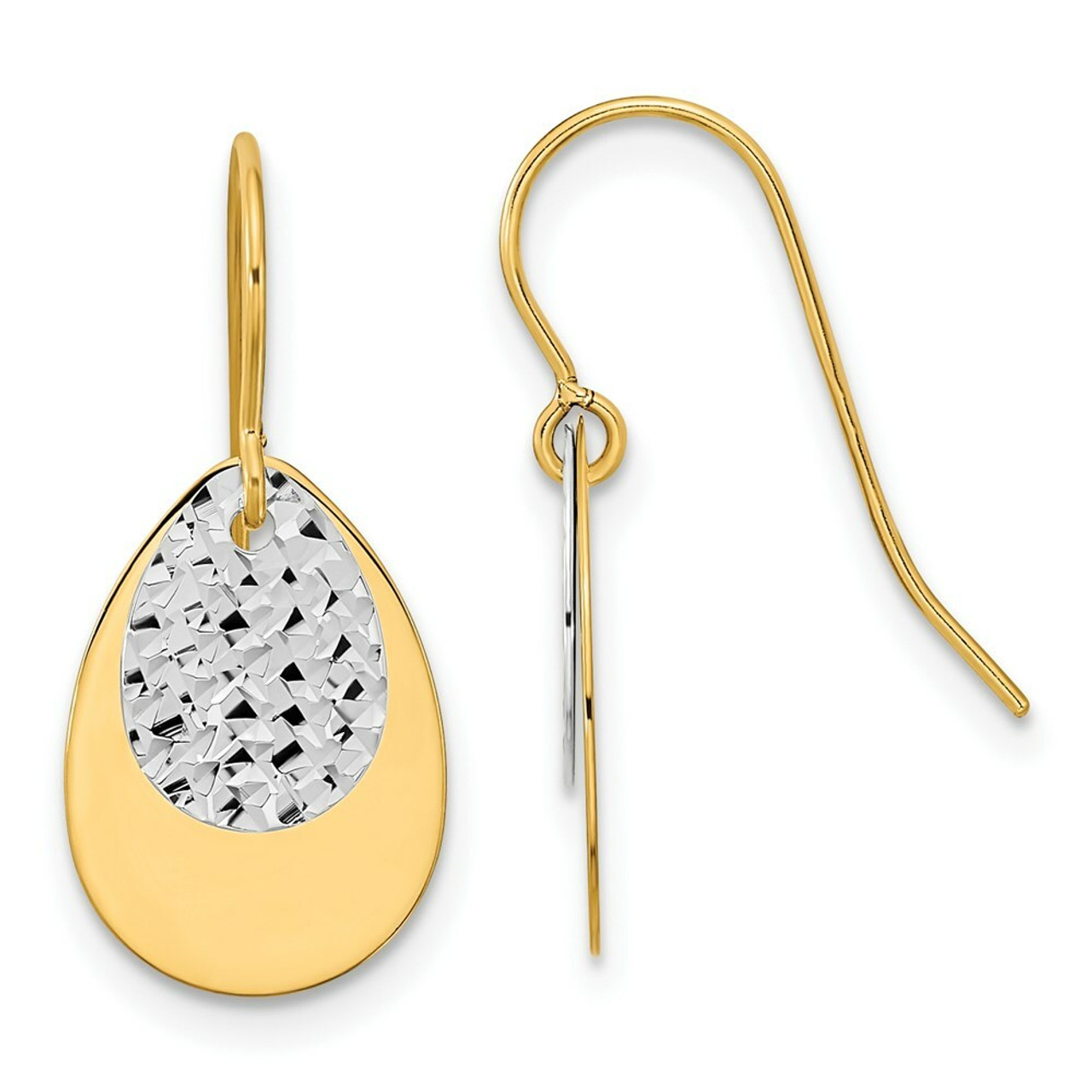 14k Two-tone Gold Polished Textured Teardrop Dangle Earrings - (B42-779)
