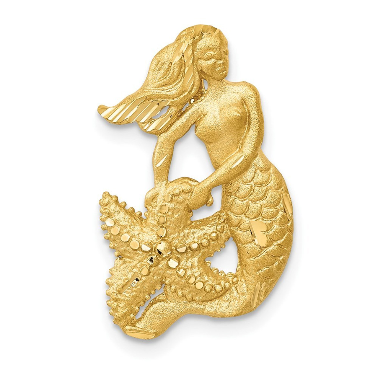 14K Yellow Gold Satin Diamond-cut Open-Backed Mermaid Pendant - (A83-499)