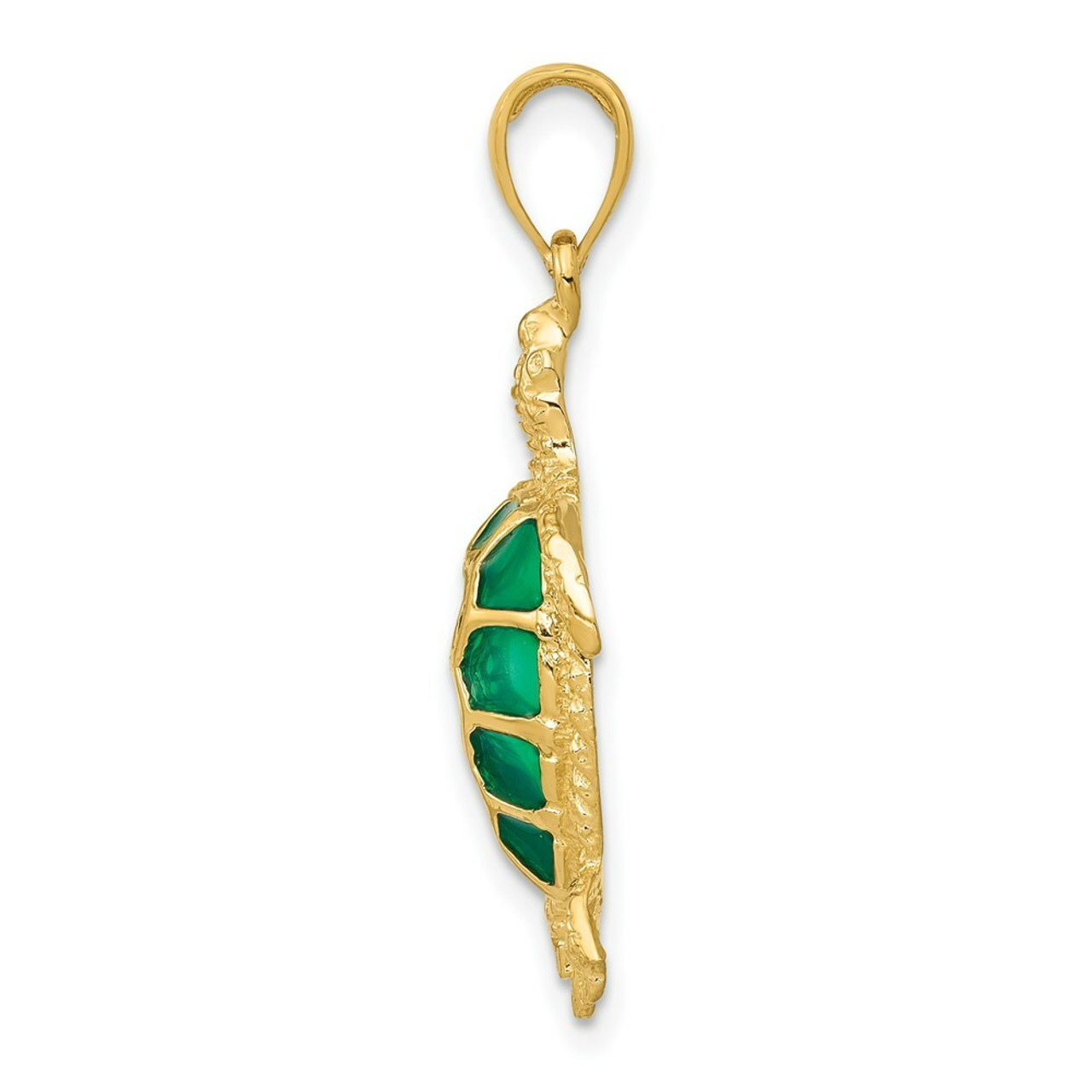 14K Yellow Gold Green Translucent Acrylic Sea Turtle Pendant - (A84-922)
