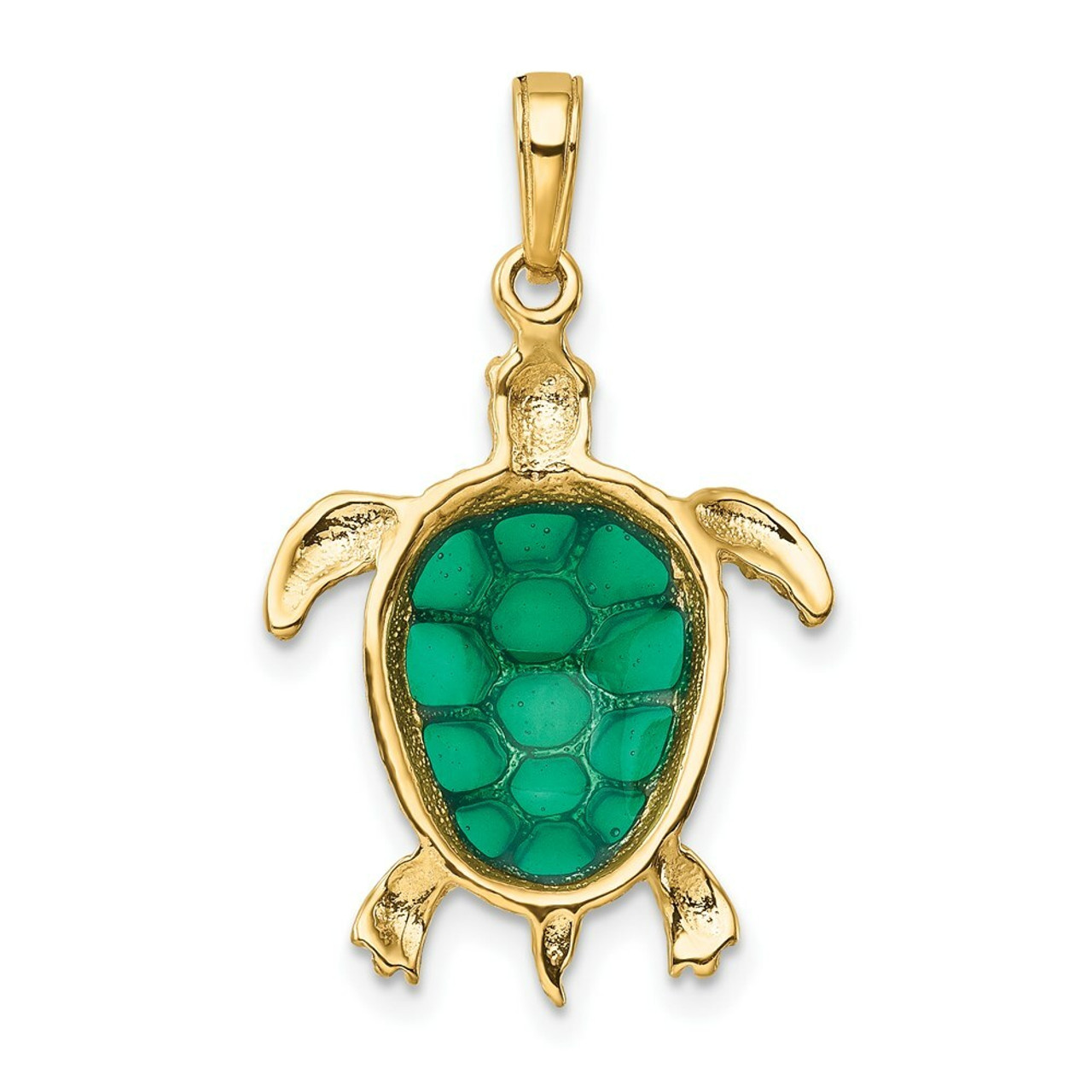 14K Yellow Gold Green Translucent Acrylic Sea Turtle Pendant - (A84-922)