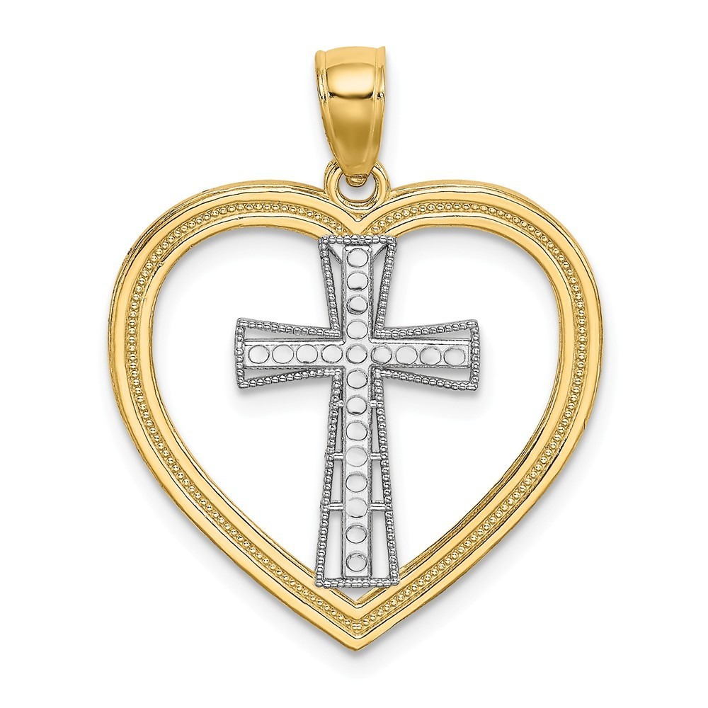 14K Yellow Gold Heart With White Cross In Center Charm Pendant