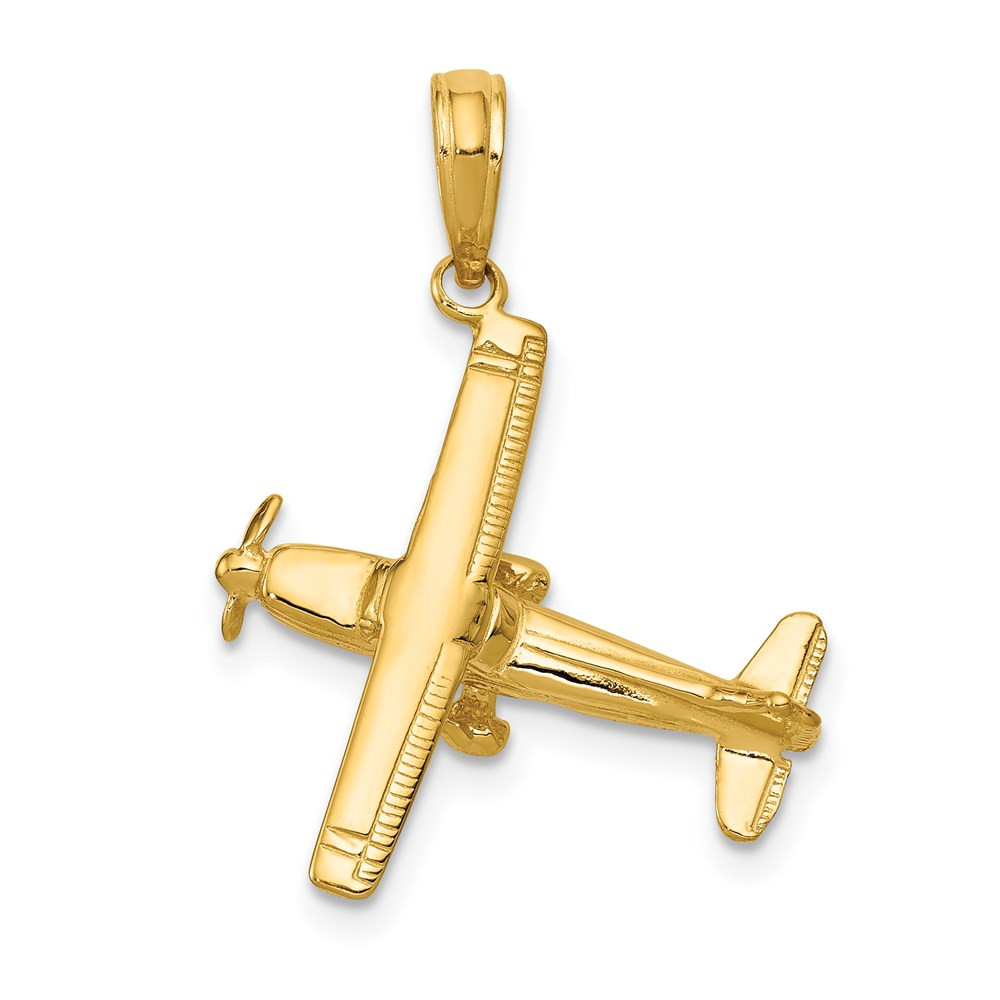 14K Yellow Gold 3-D High-Wing Airplane Pendant - (A84-348) - Roy