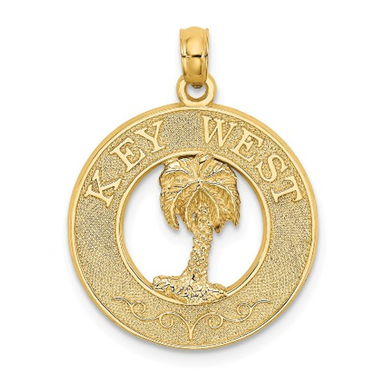 14K Yellow Gold Key West On Round Frame With Palm Tree Charm