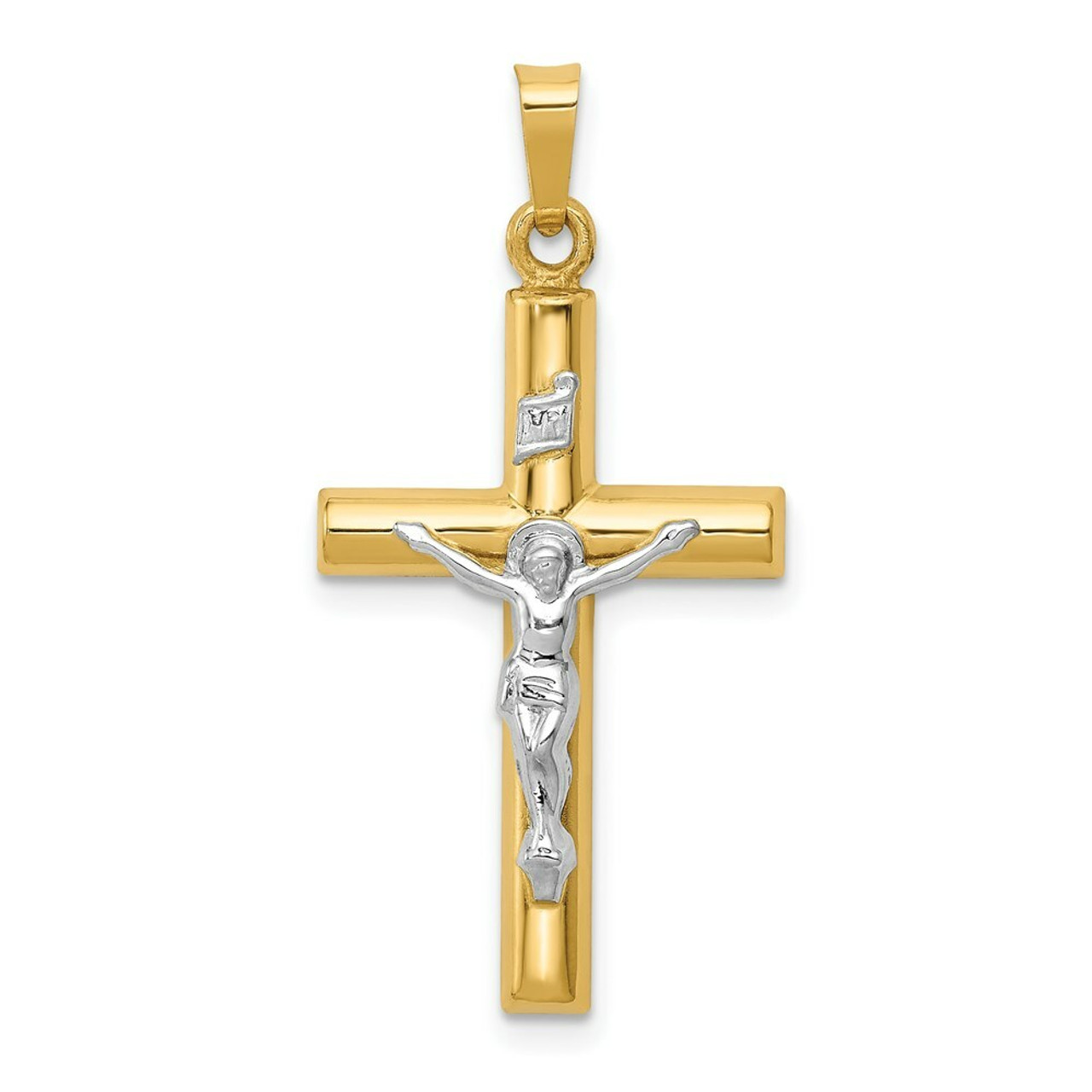 14K Two-tone Gold INRI Hollow Crucifix Pendant 33mm length - (B11-333)