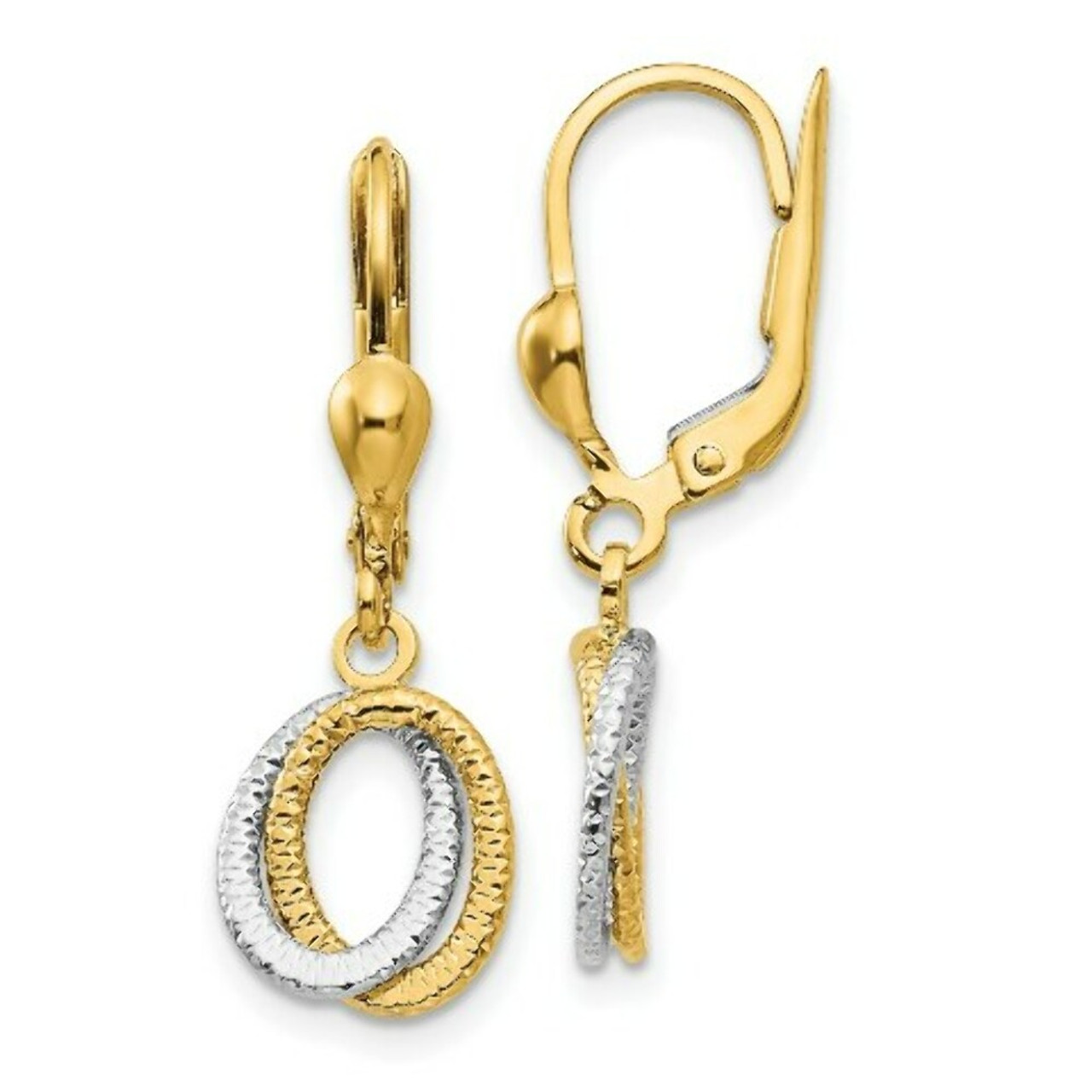 14K Two-tone Gold Textured and Polished Dangle Leverback Earrings - (B42-260)