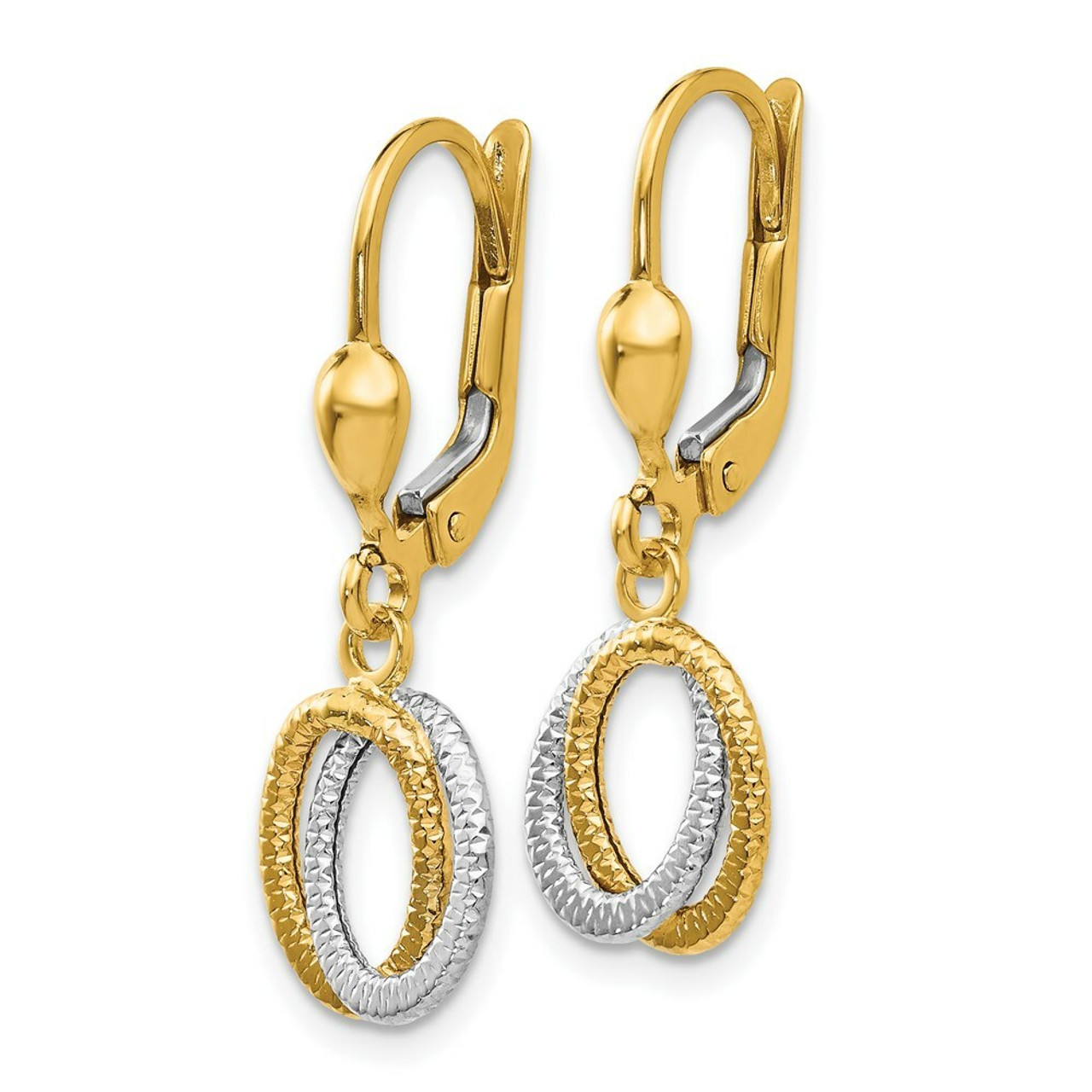 14K Two-tone Gold Textured and Polished Dangle Leverback Earrings - (B42-260)