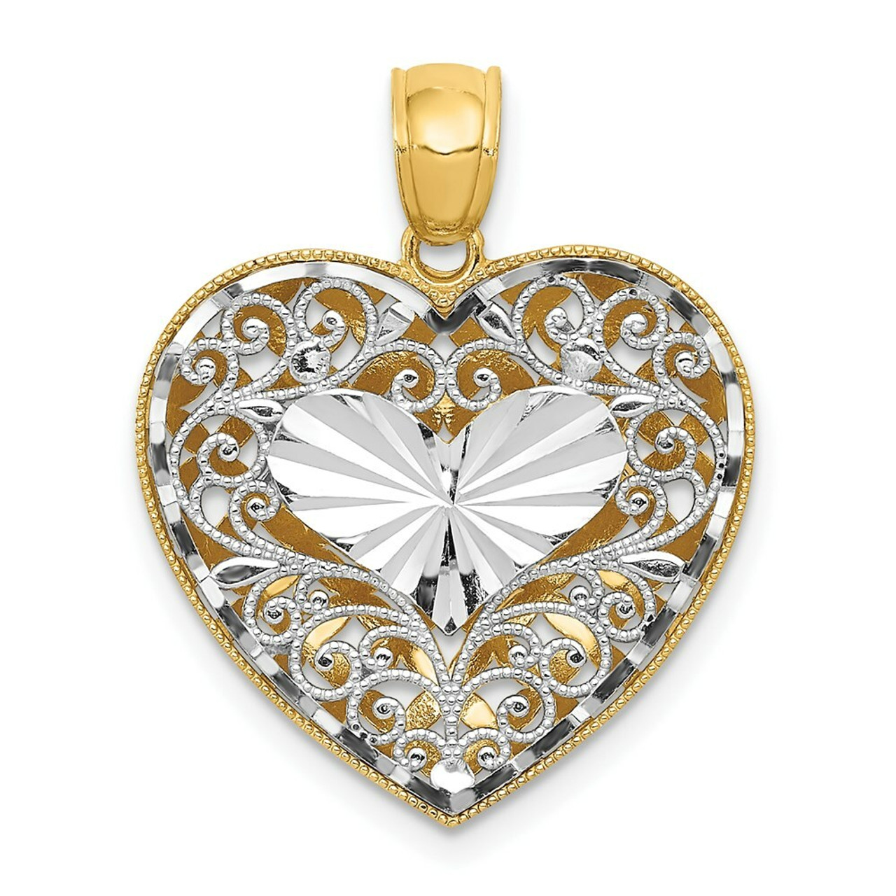 14K Two-tone Gold Filigree & Basket Weave Reversible Heart Pendant - (A83-351)