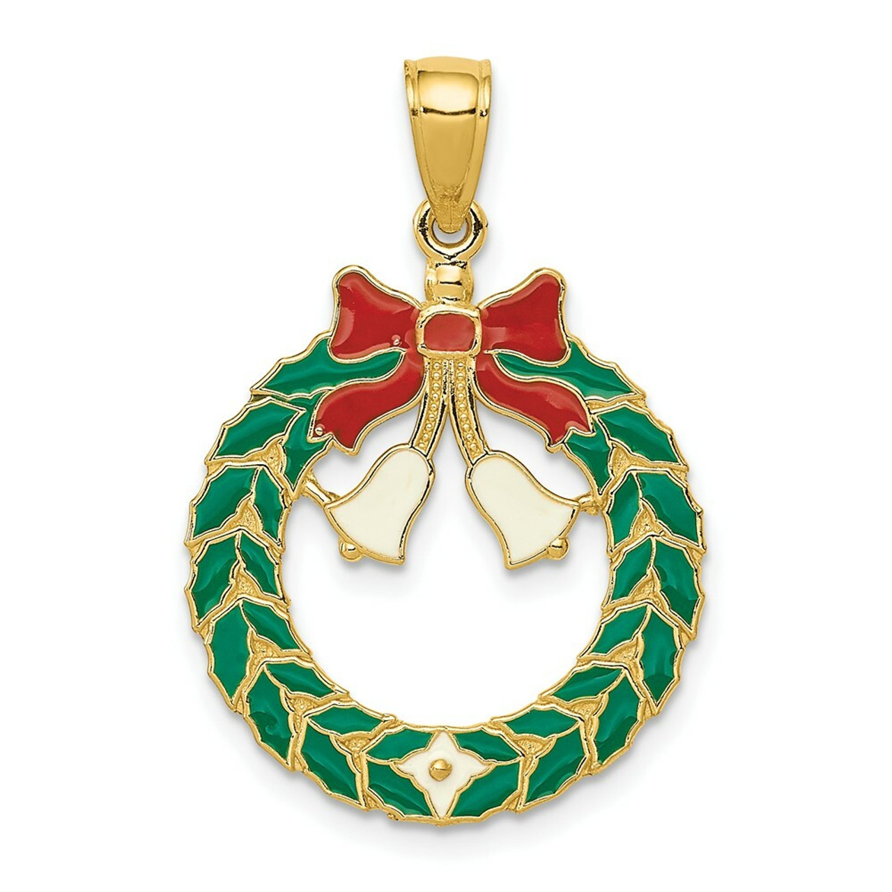 14K Yellow Gold Enameled Christmas Wreath Pendant - (A85-437)