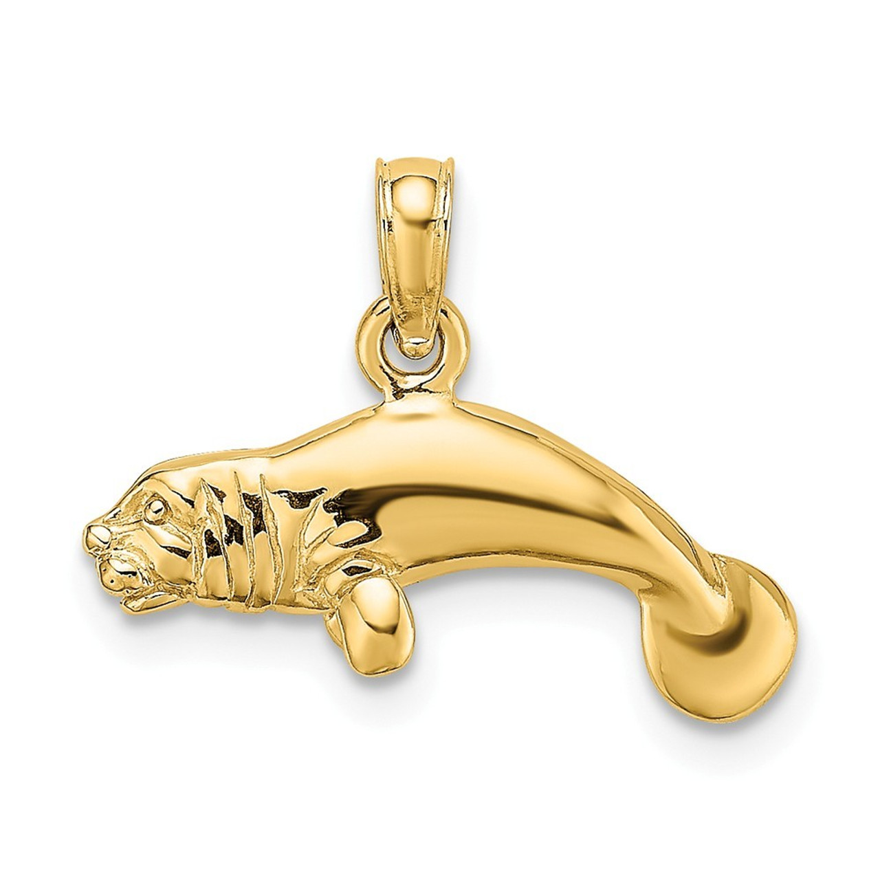 14K Yellow Gold 3-D Polished Swimming Manatee Charm Pendant - (A92