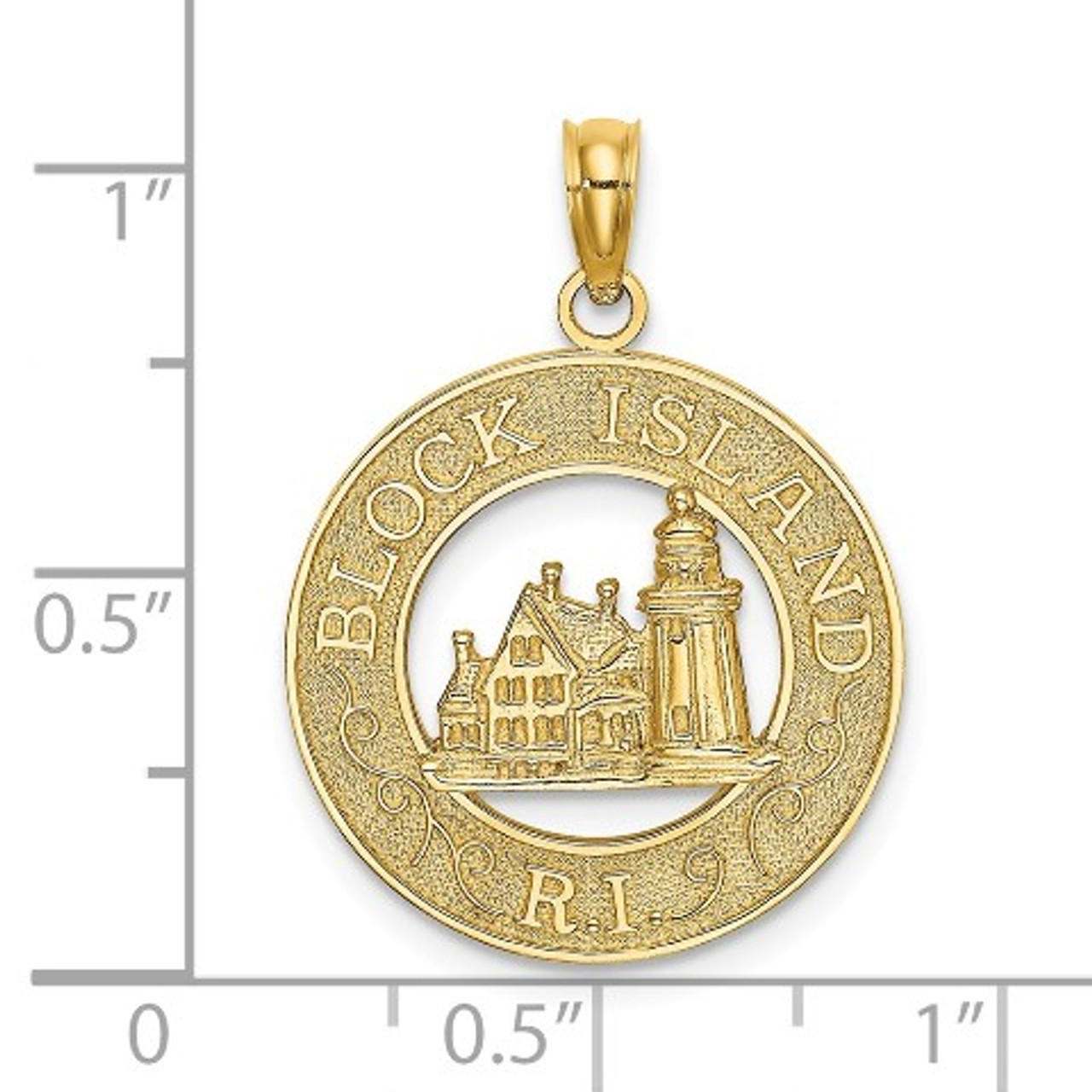 14K Yellow Gold Block Island, RI Round Frame With Lighthouse Charm Pendant - (A92-853)