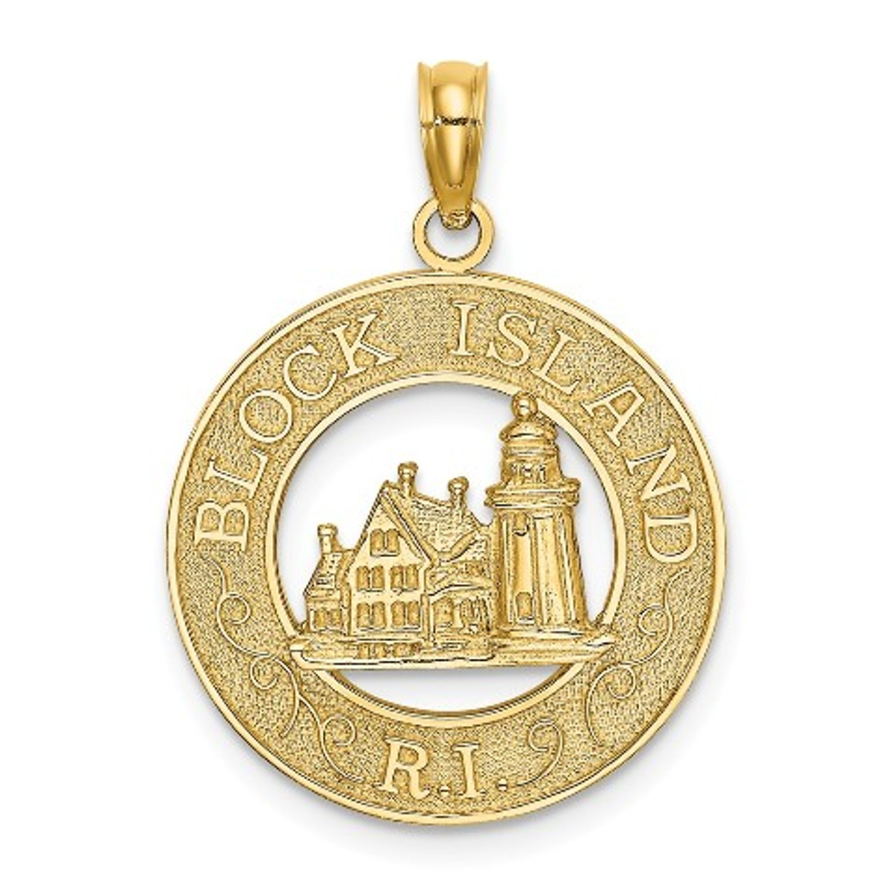 14K Yellow Gold Block Island, RI Round Frame With Lighthouse Charm Pendant - (A92-853)