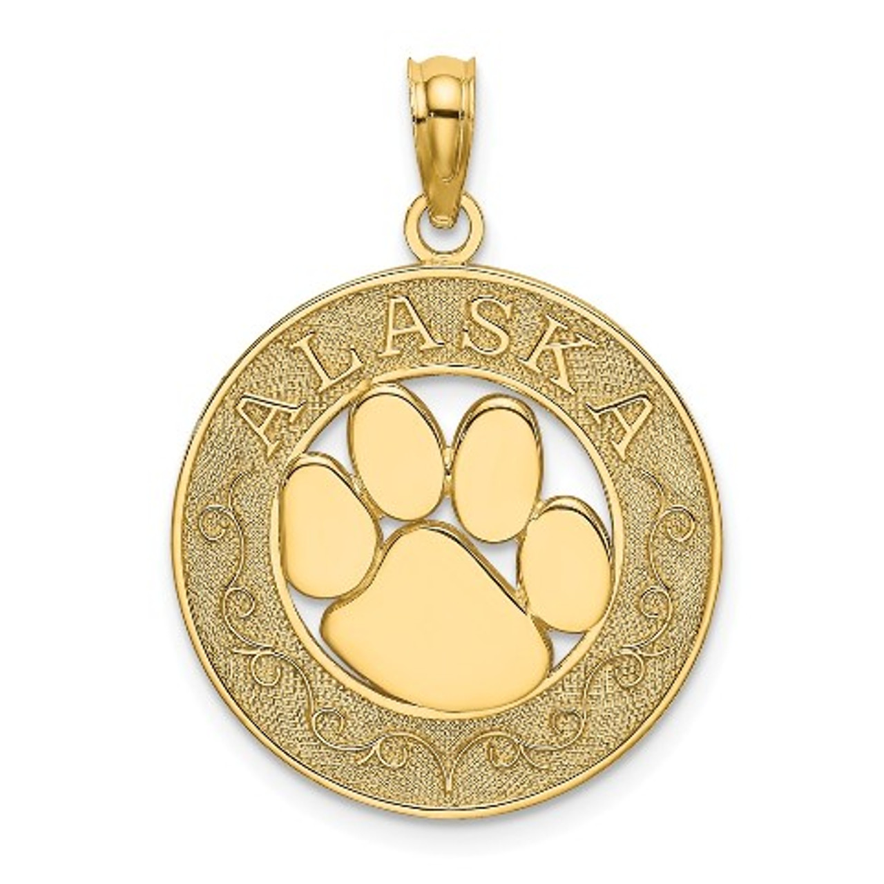 14K Yellow Gold Alaska On Round Frame With Bear Paw Charm Pendant - (A93-817)