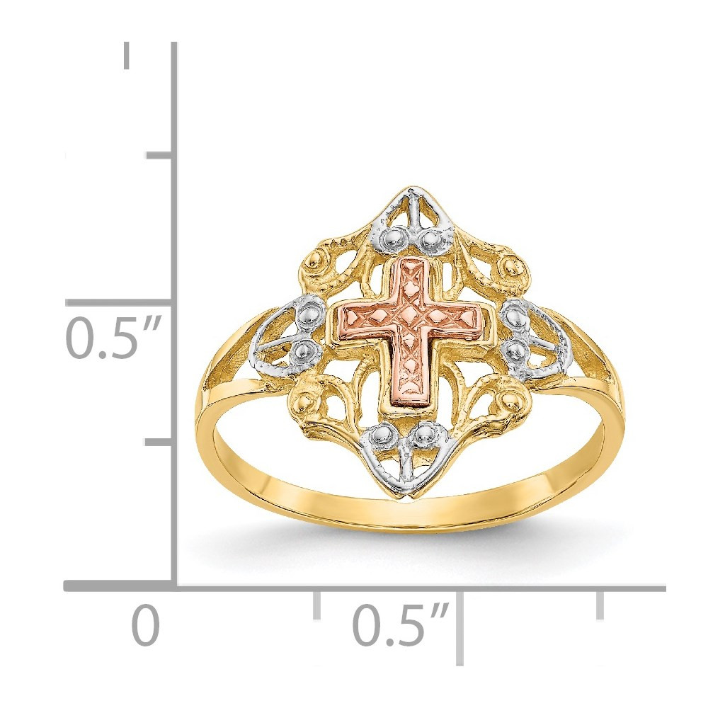 14K Yellow Gold Yellow & Rose Gold with Rhodium Cross Ring - Size