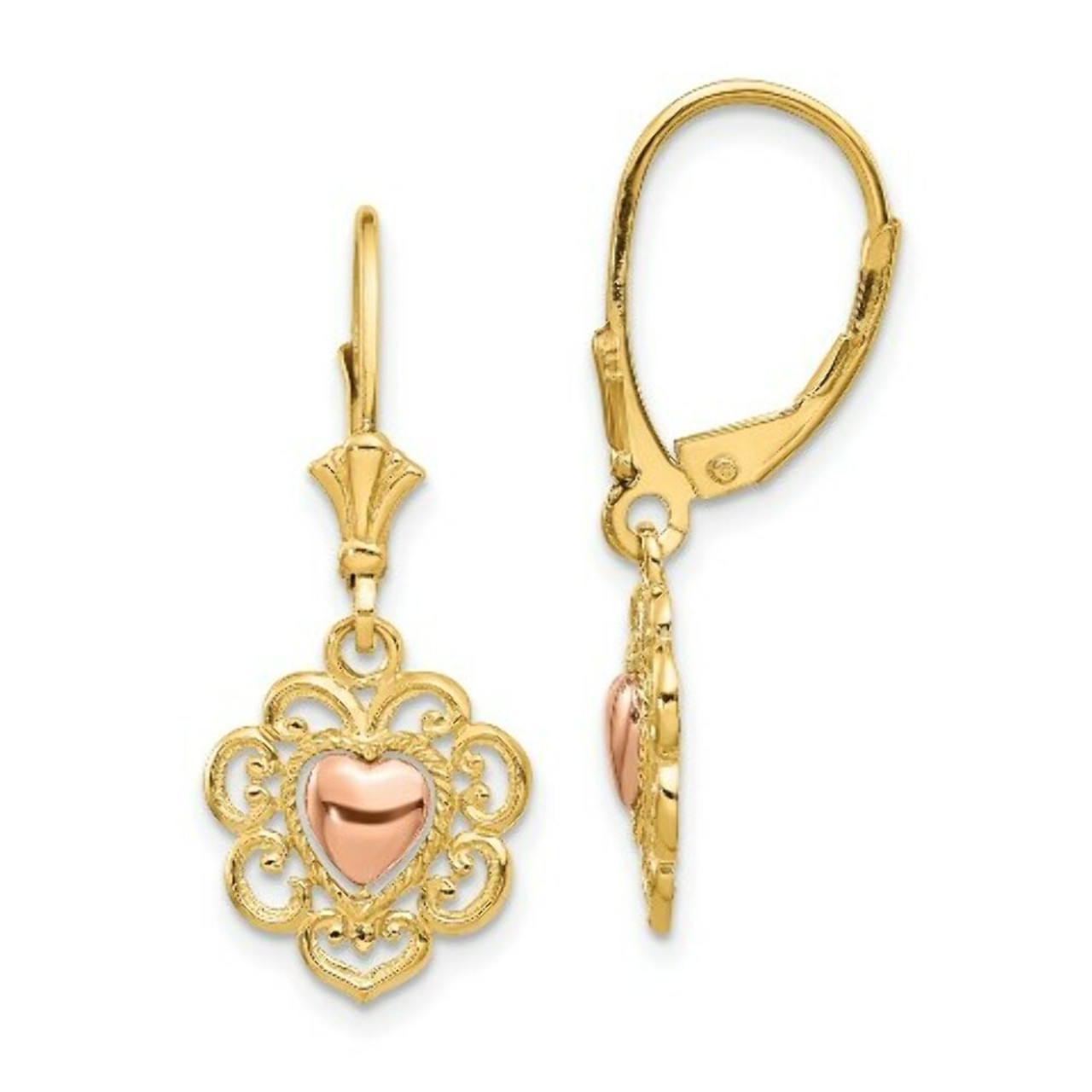 14K Two-tone Gold Heart with Lace Trim Leverback Earrings - (B36-954)