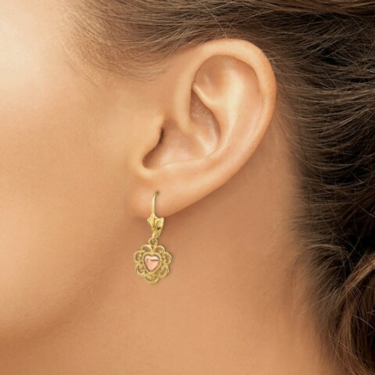 14K Two-tone Gold Heart with Lace Trim Leverback Earrings - (B36-954)