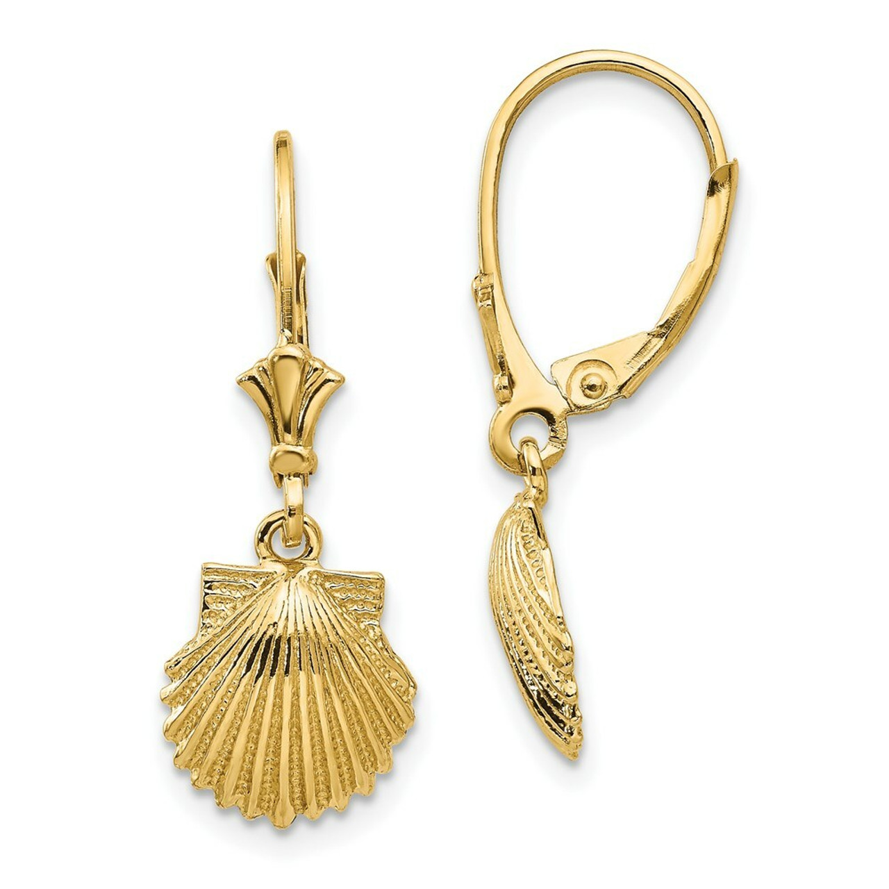 14K Yellow Gold Scallop Shell Leverback Earrings - (B36-974)