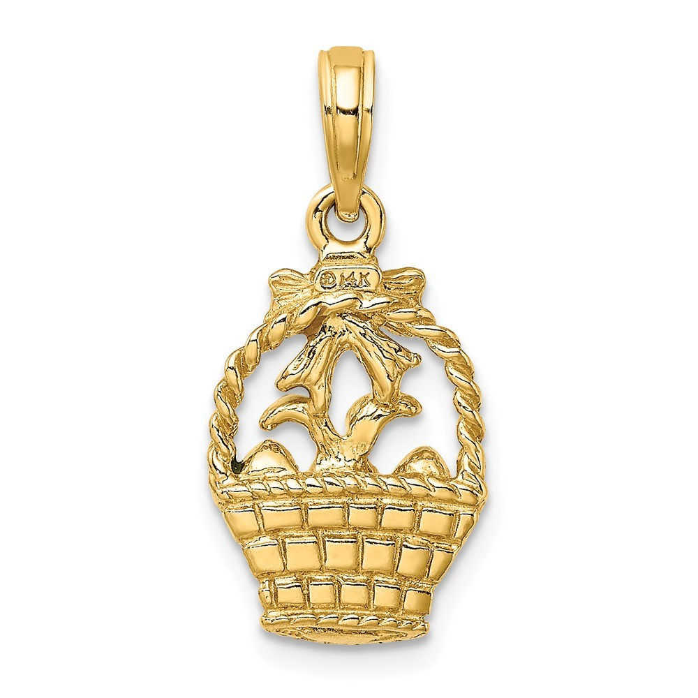 14K Yellow Gold Enameled Easter Basket With Bunny, Bow & Eggs Charm Pendant - (A91-155)